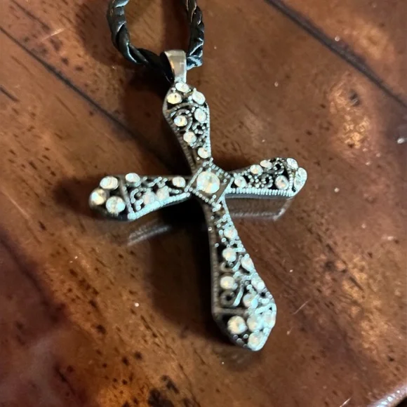 Rhinestone Cross Pendant Necklace - Silver Tone - Picture 2 of 6